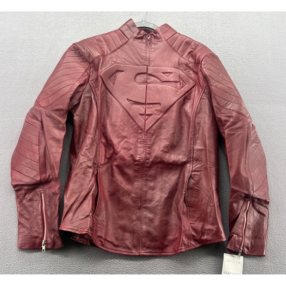 Superman Shield Embossed Burgundy Leather Cafe Racer Motorcycle Jacket Mens L